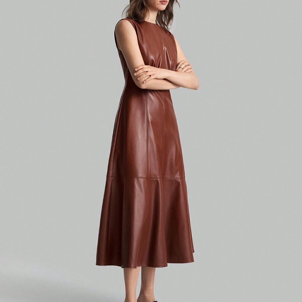 Brown Elegant Women's Round Neck Sleeveless Wide Shoulder PU Dress